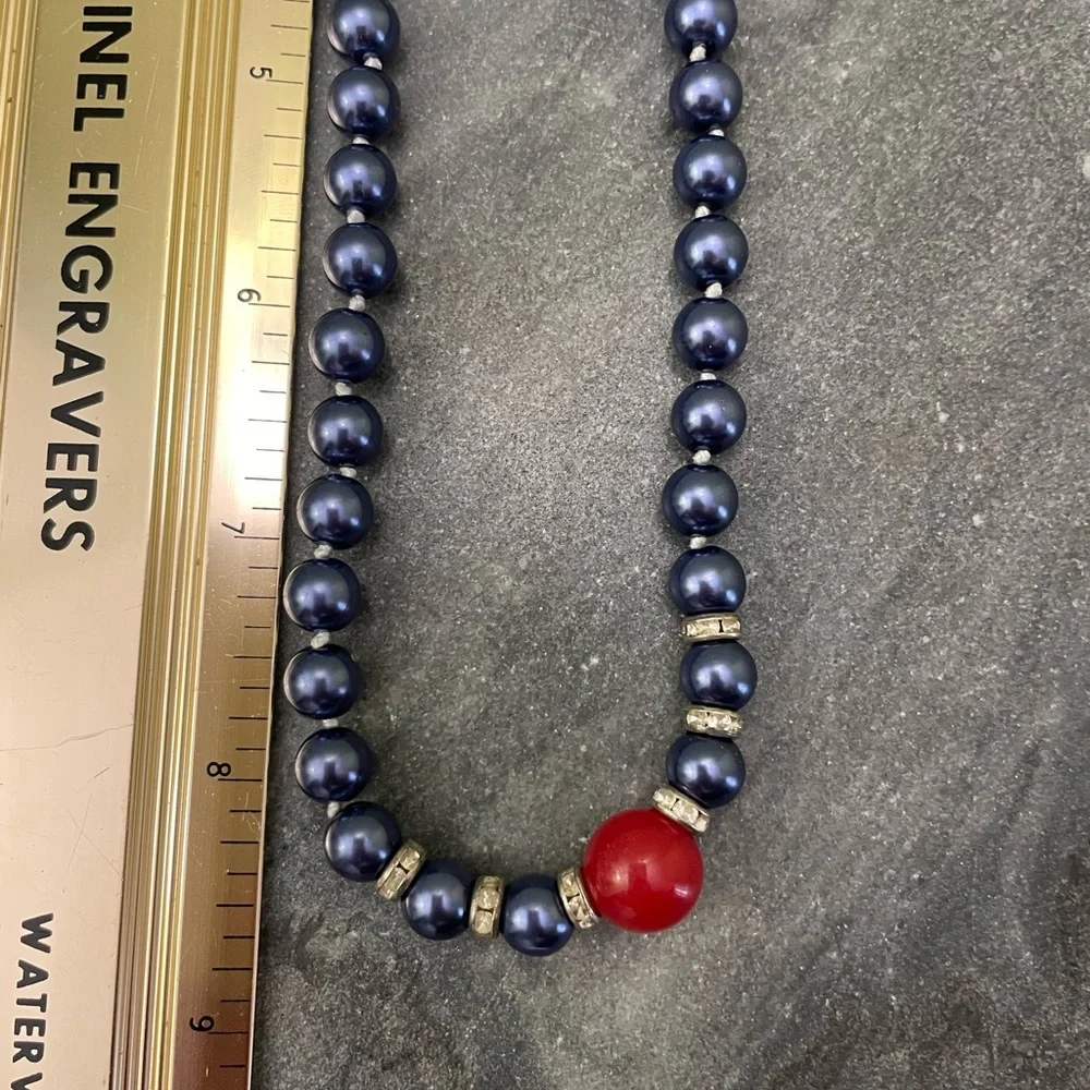 Vintage Blue Pearl Red Gemstone Beaded Necklace